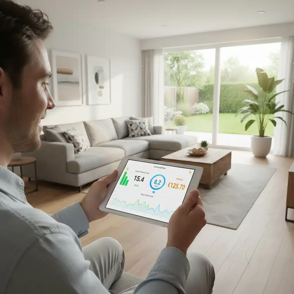 Homeowner monitoring solar energy production and savings on a tablet