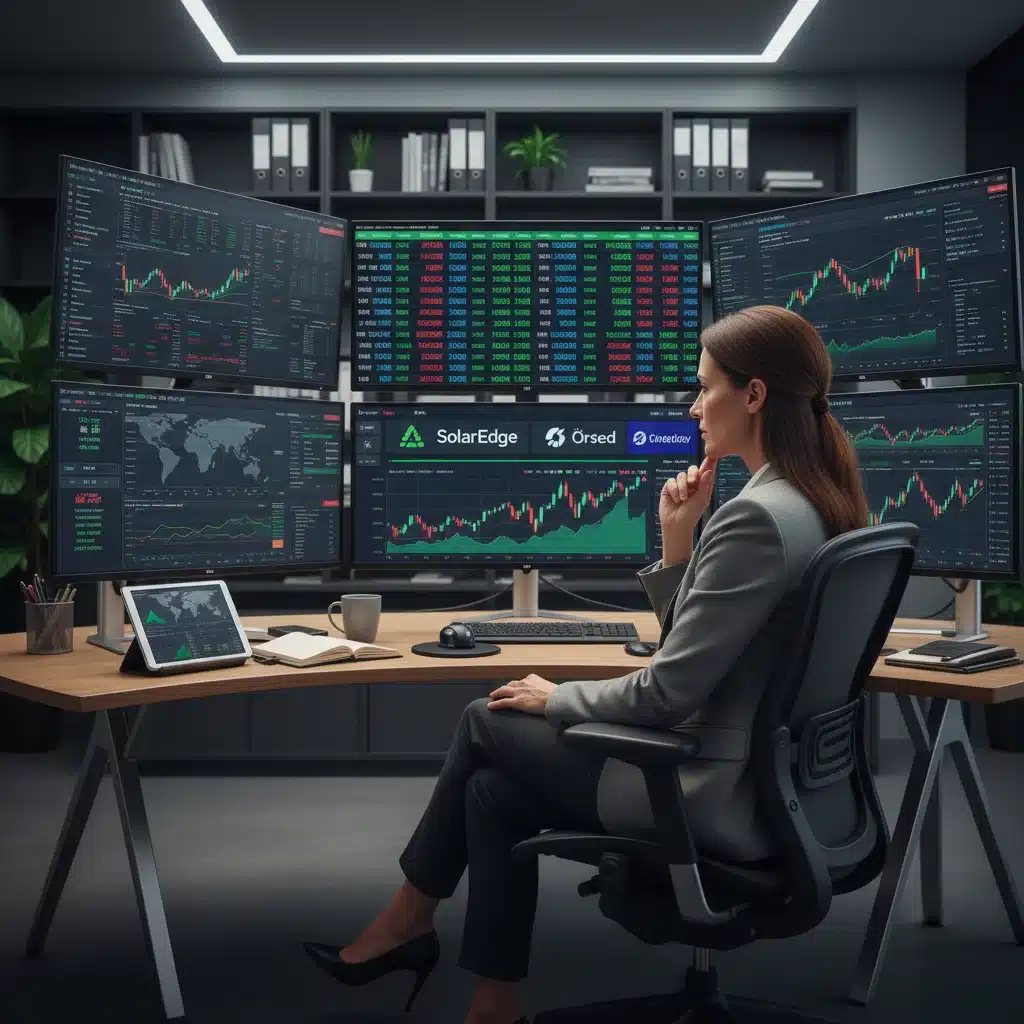 Investor analyzing financial charts of clean energy companies, demonstrating strategic investment research.