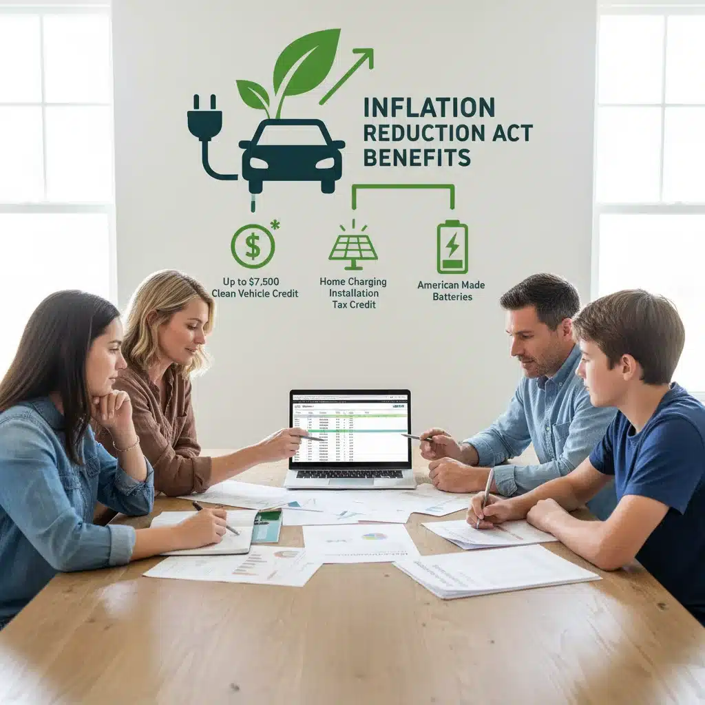 Family discussing IRA used EV credit eligibility.