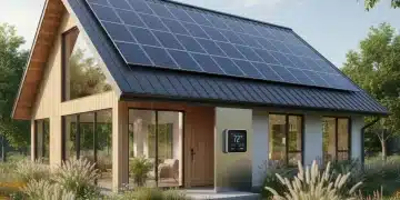 Modern energy-efficient home with solar panels and smart thermostat