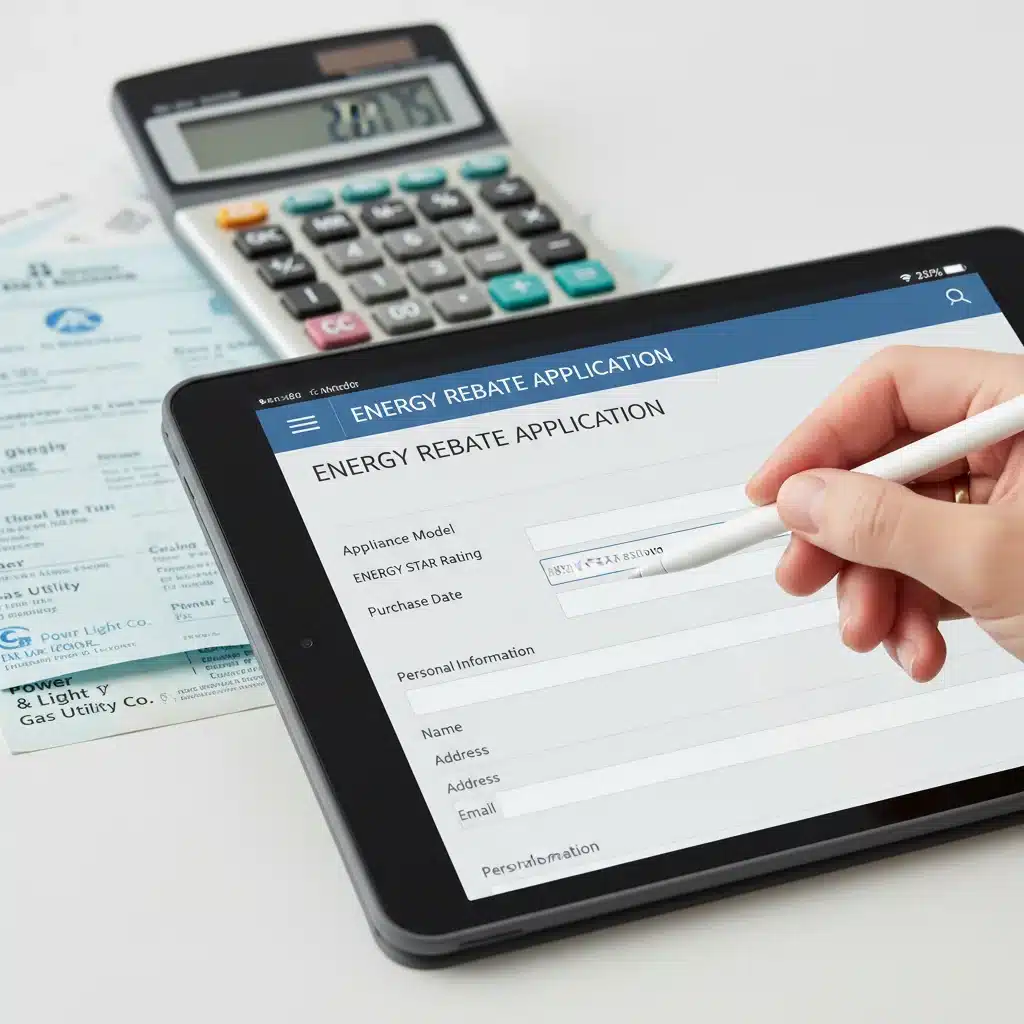 Hand filling out an online application for 2026 energy rebates, with utility bills and calculator.