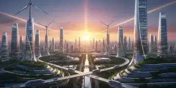 Futuristic cityscape with wind turbines and solar panels, symbolizing 100% renewable energy by 2030.