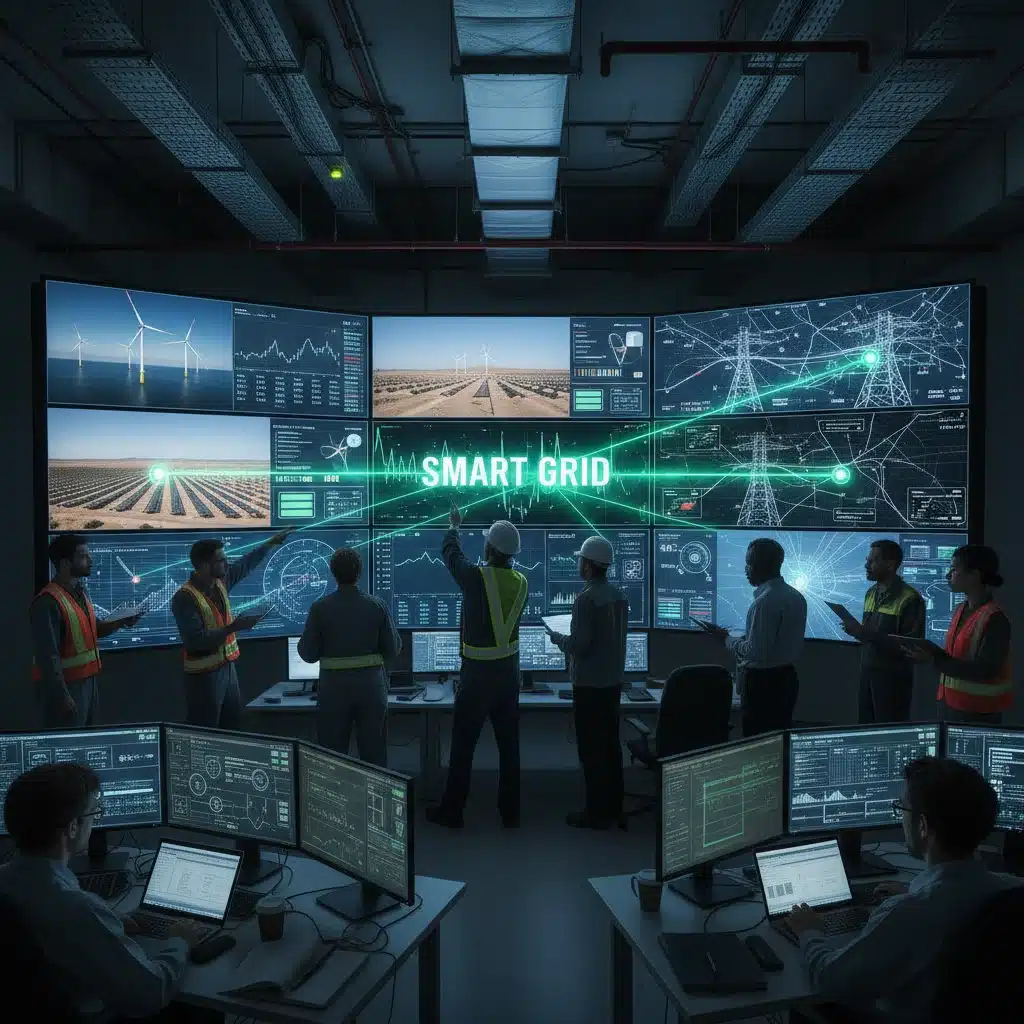 Engineers monitoring a smart grid with renewable energy data.