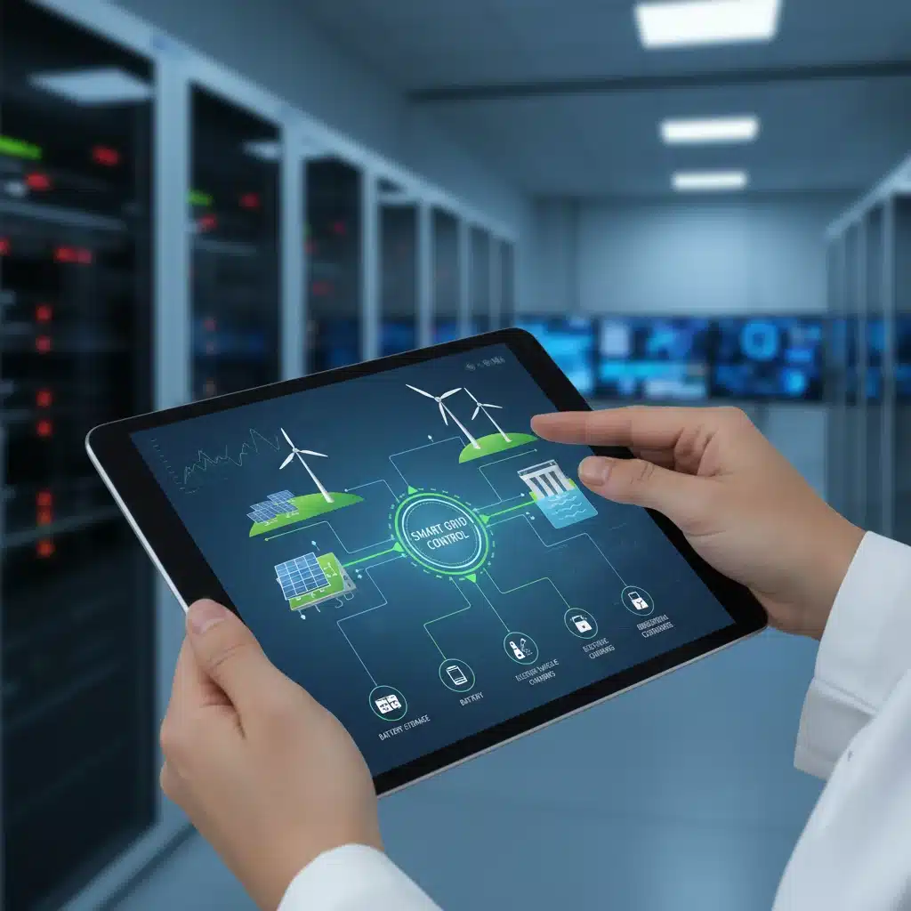 Hand holding tablet displaying smart grid schematic with renewable energy sources.