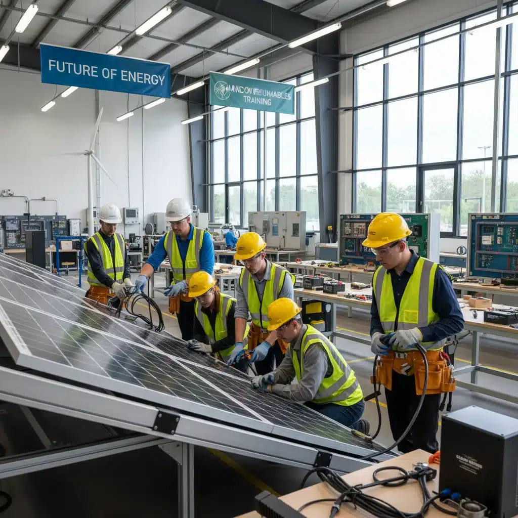 Students and instructors in a hands-on solar panel installation training session.