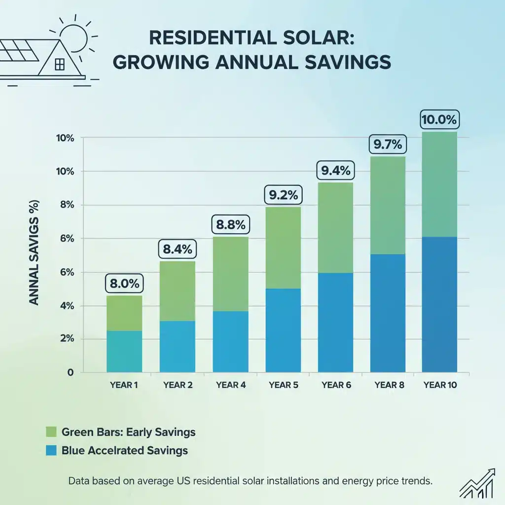 Infographic showing increasing annual savings from residential solar over 10 years