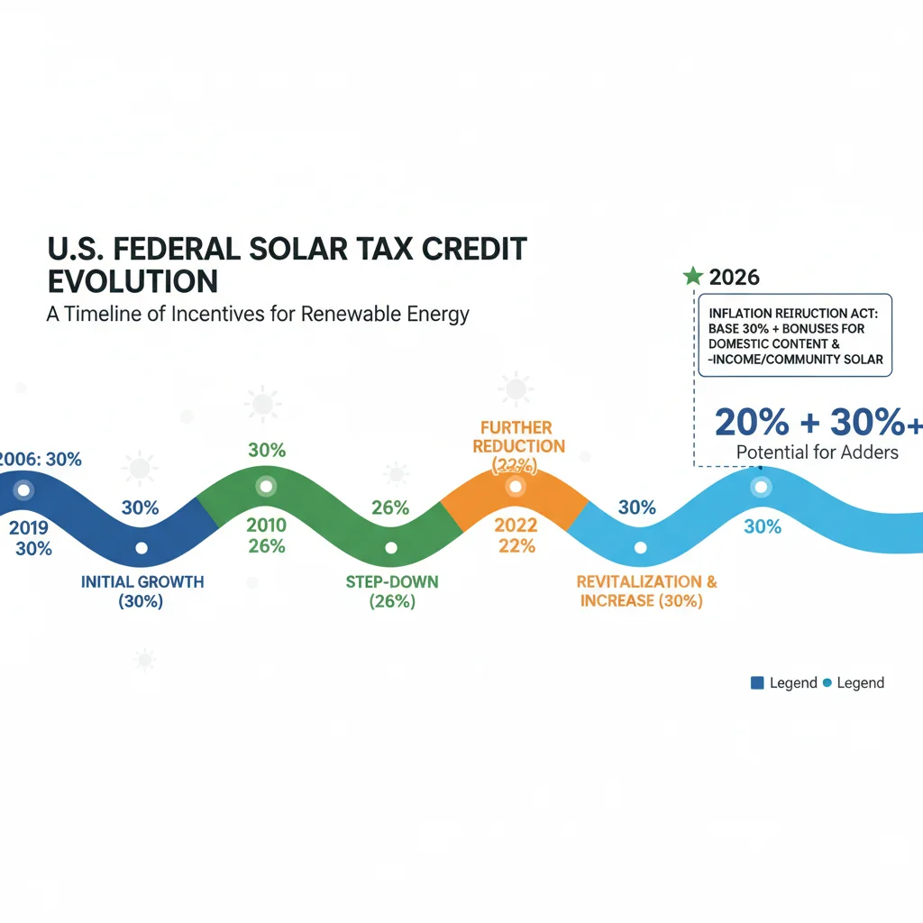 Infographic detailing the historical trend and future increase of federal solar tax credits.