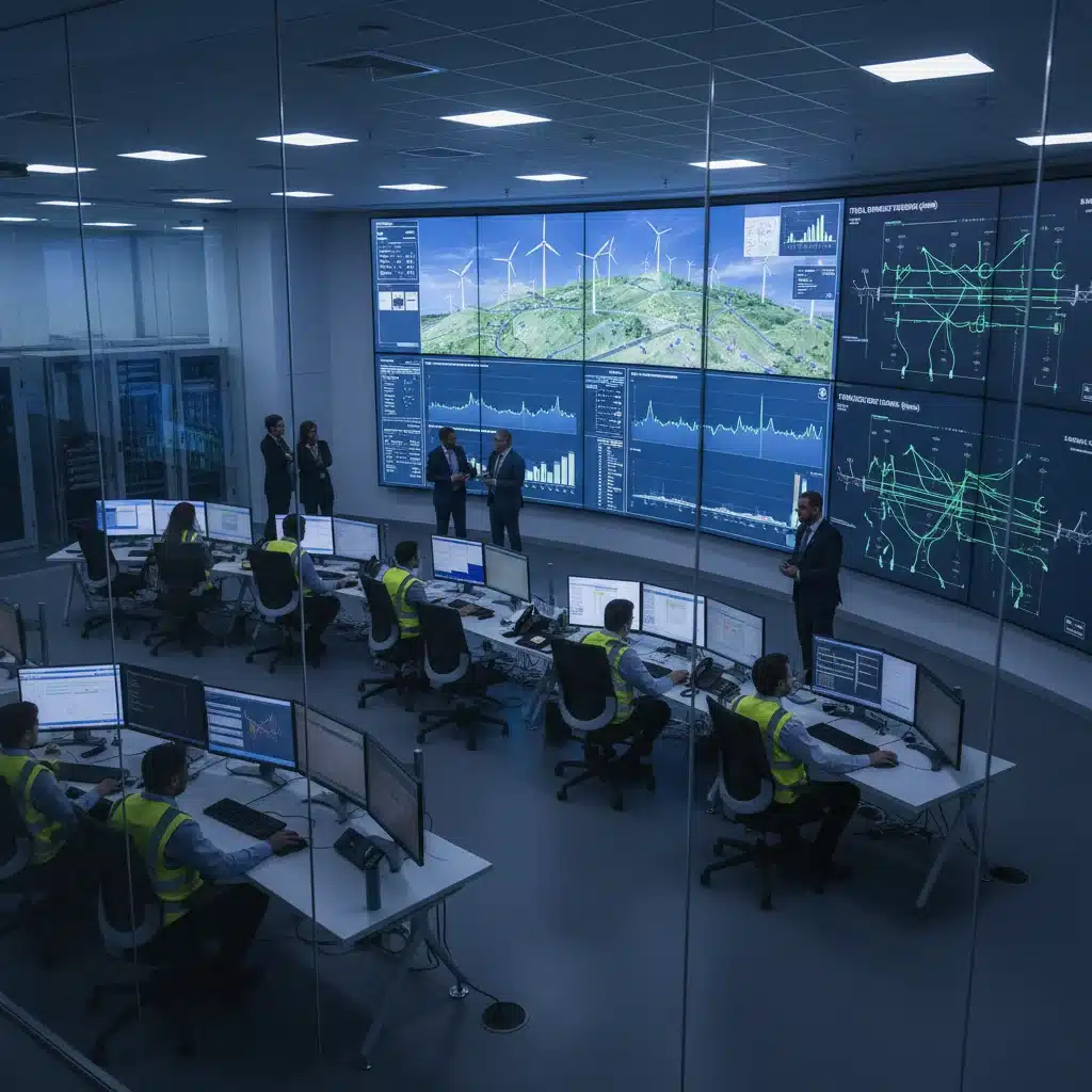 Engineers monitoring wind farm performance data in a control room