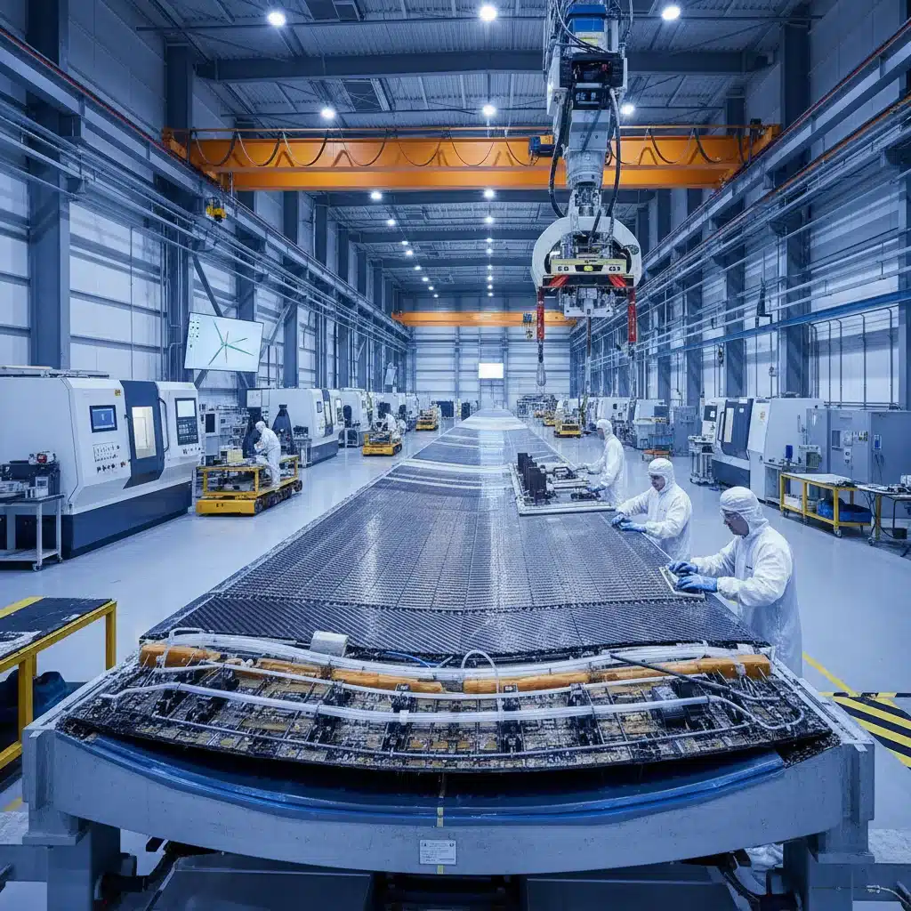 Close-up of a wind turbine blade under construction in a manufacturing facility