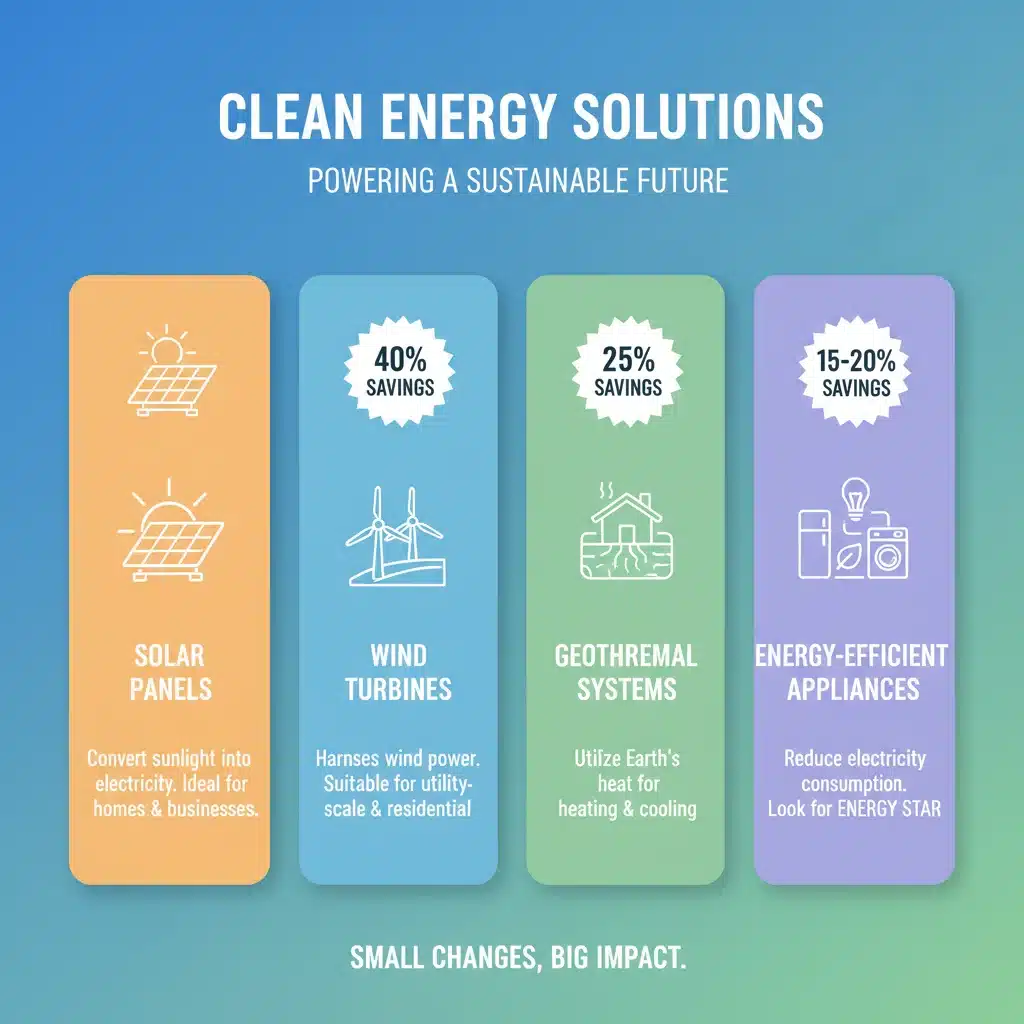 Infographic detailing various clean energy technologies and their potential tax credit savings.