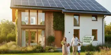 Modern eco-friendly house with solar panels, representing energy efficiency and family savings.