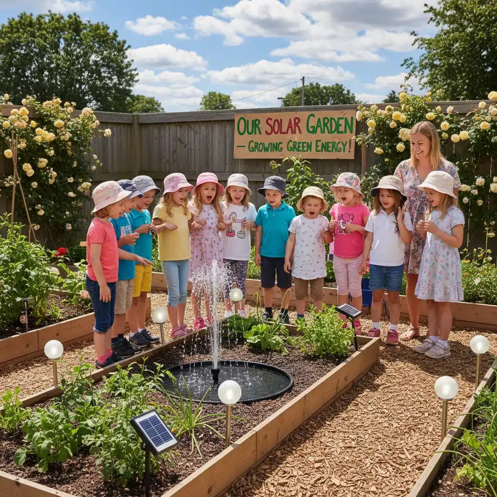 Elementary students engaging with solar-powered devices in a school garden, learning practical clean energy applications.