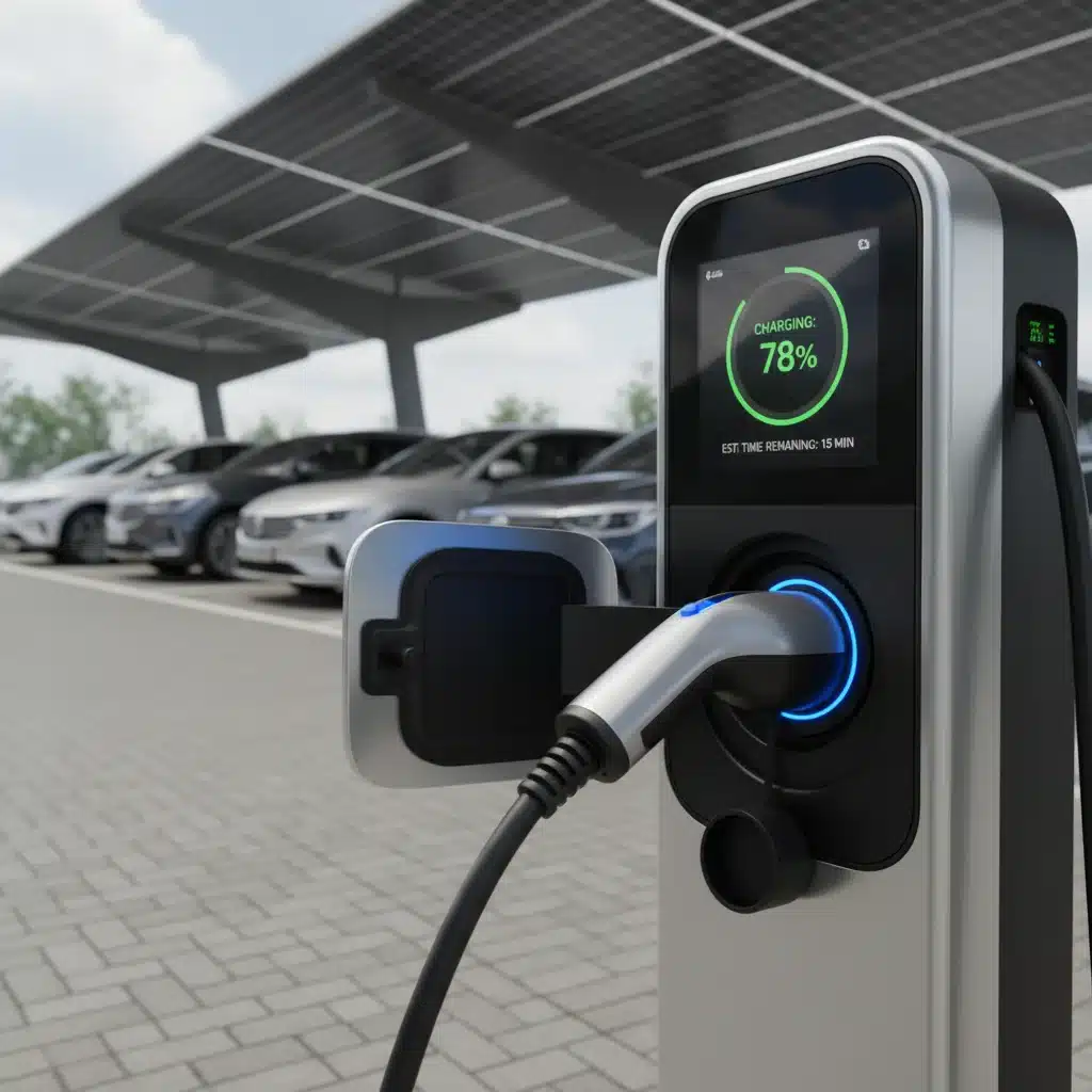 Electric vehicle charging at a station with solar panels, highlighting sustainable energy.