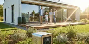 Modern home with geothermal heat pump and smiling family, symbolizing energy savings