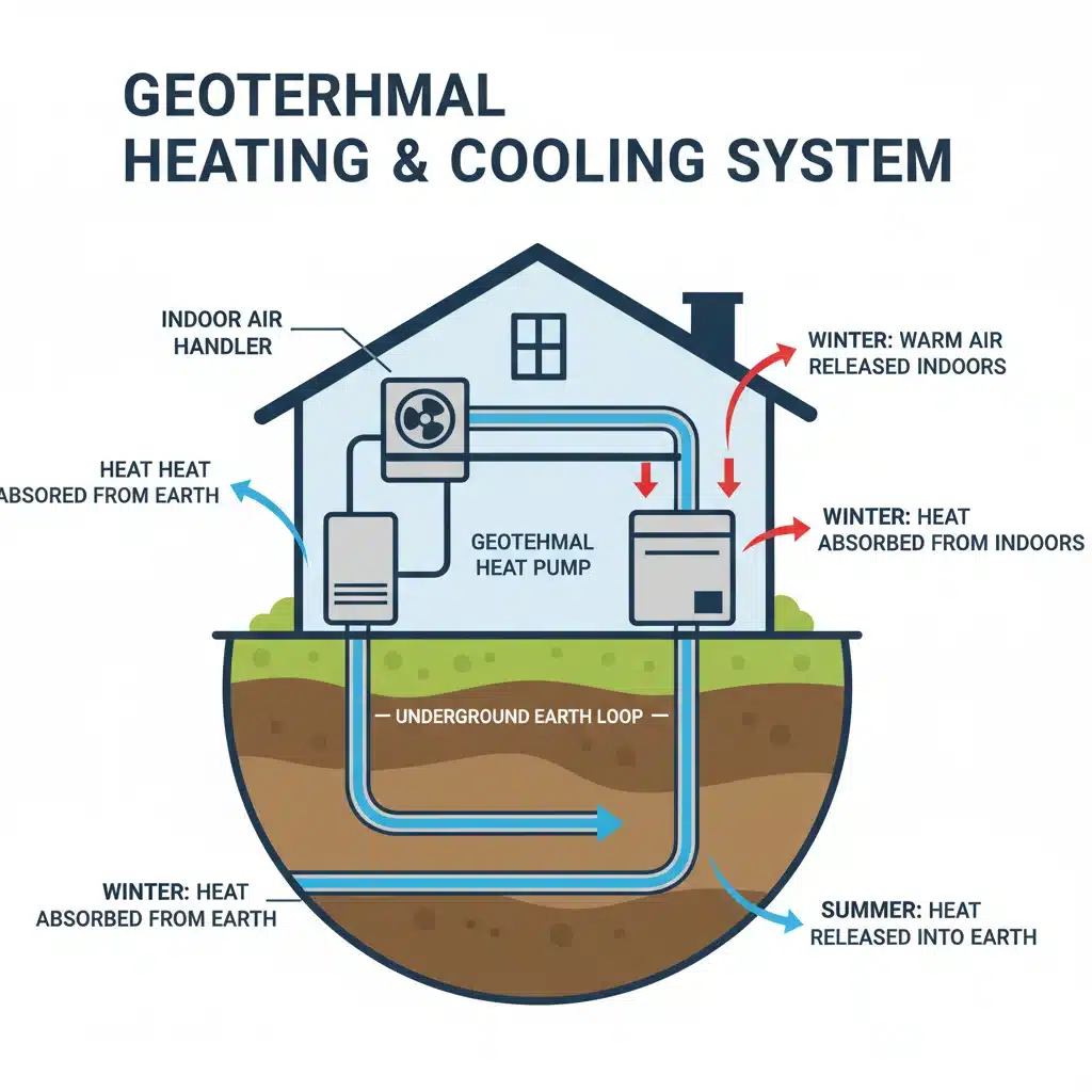 Infographic explaining geothermal heating and cooling system components and heat exchange