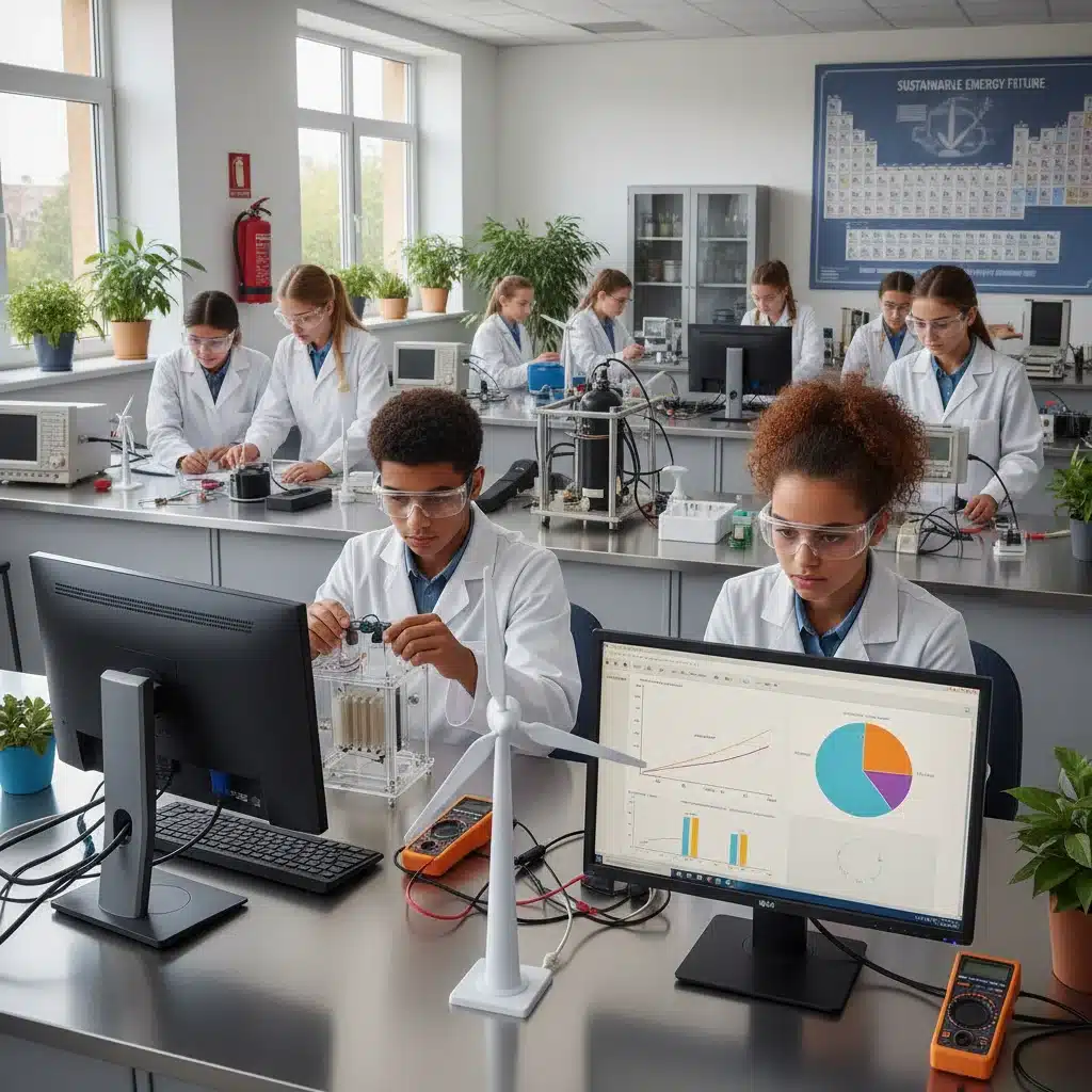 High school students conducting experiments on renewable energy in a well-equipped science laboratory.