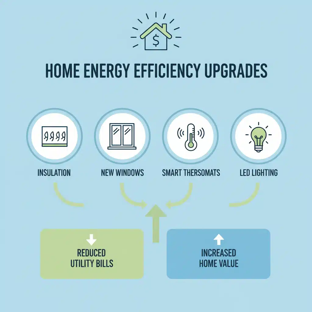 Infographic showing home energy efficiency upgrades and their benefits.