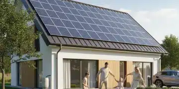 Residential home with solar panels on roof, sunny day