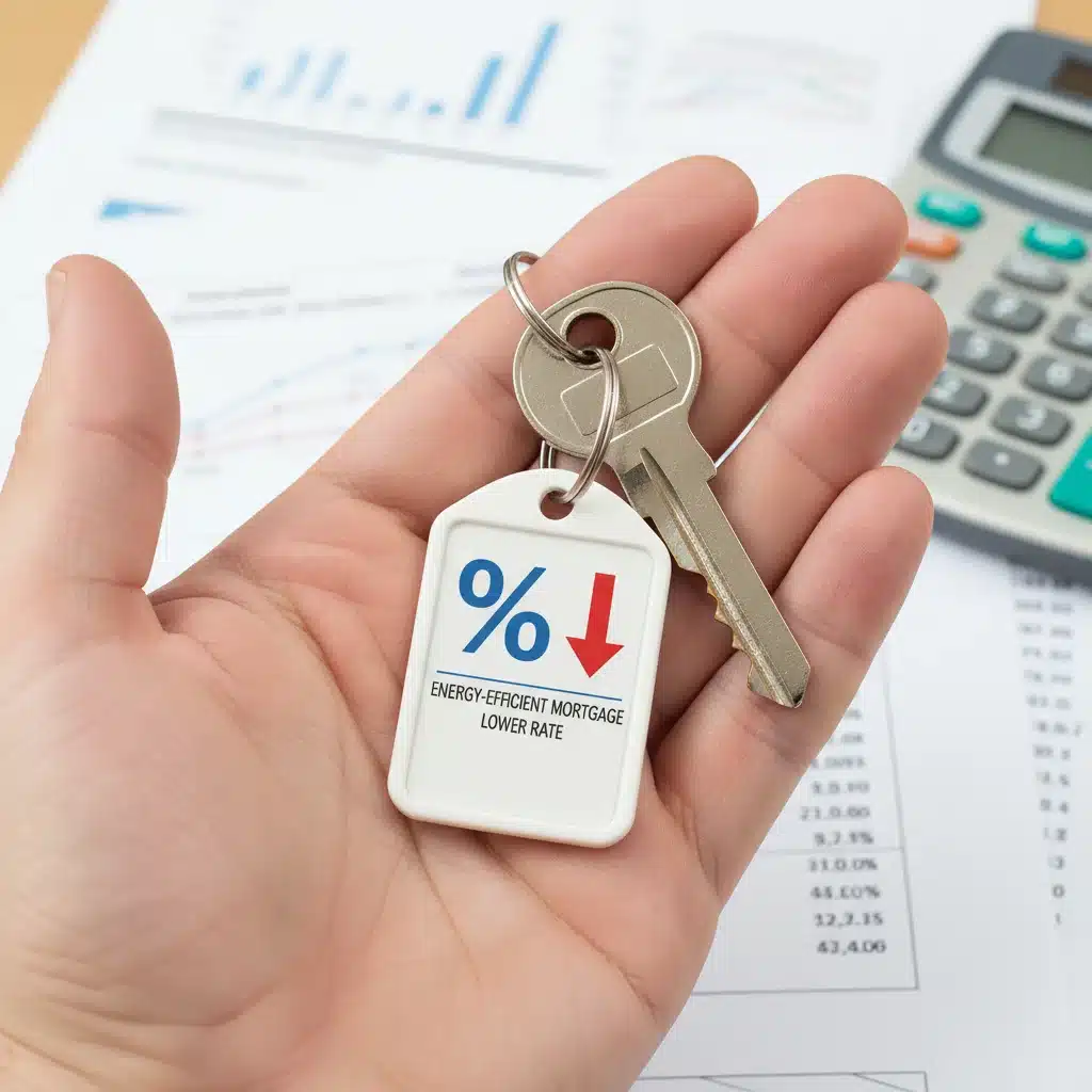 Hand holding house key with lower interest rate tag, symbolizing mortgage savings.
