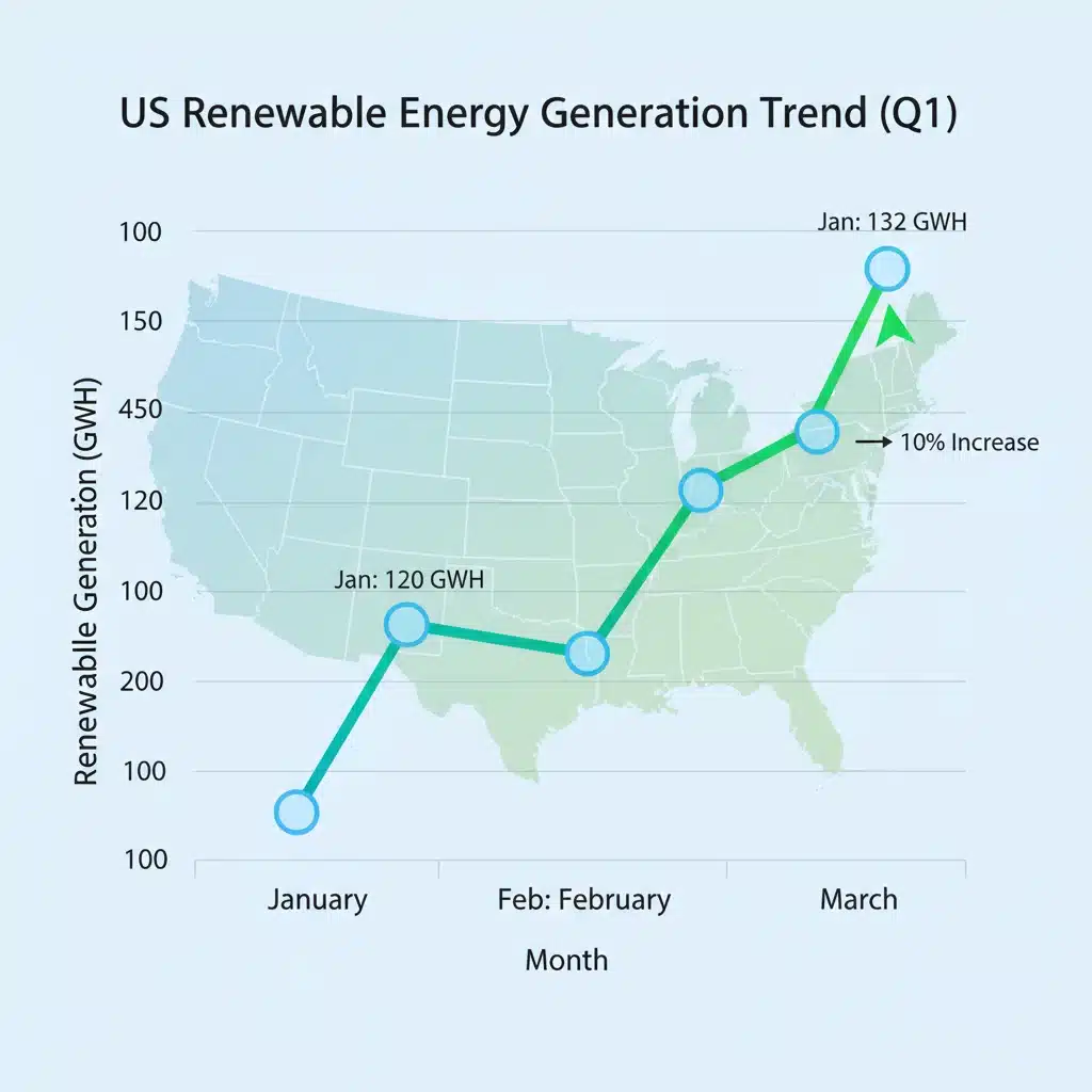 Graph illustrating a 10% increase in US renewable energy generation over three months.