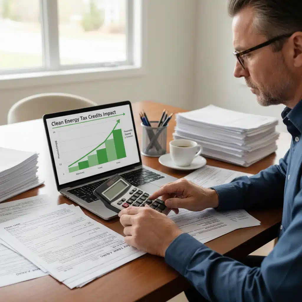 Individual calculating potential tax savings from clean energy investments.