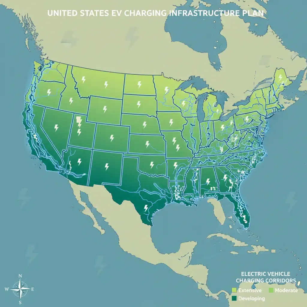 Map of the United States showing planned electric vehicle charging corridors.